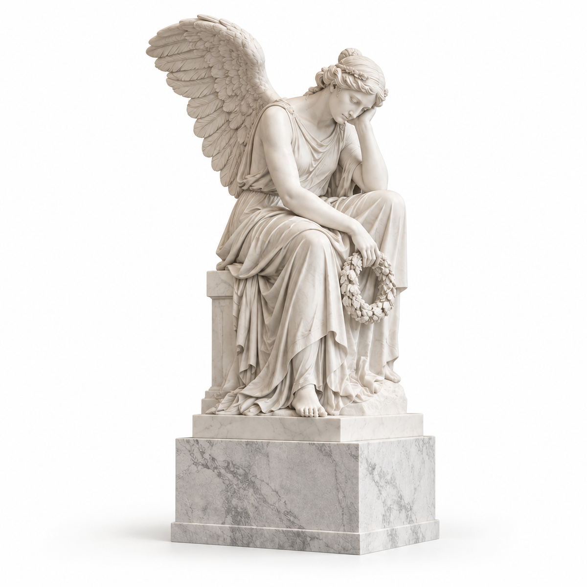 Silent Remembrance classical white marble seated mourning angel sculpture with feathered wings and memorial wreath on a marble pedestal.