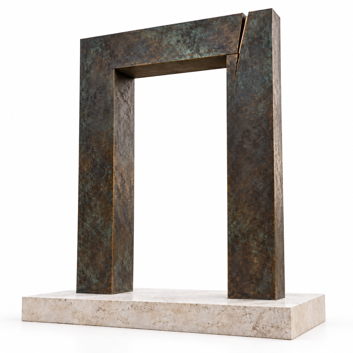 Dark patinated bronze geometric doorway memorial sculpture on a pale stone base against a white background