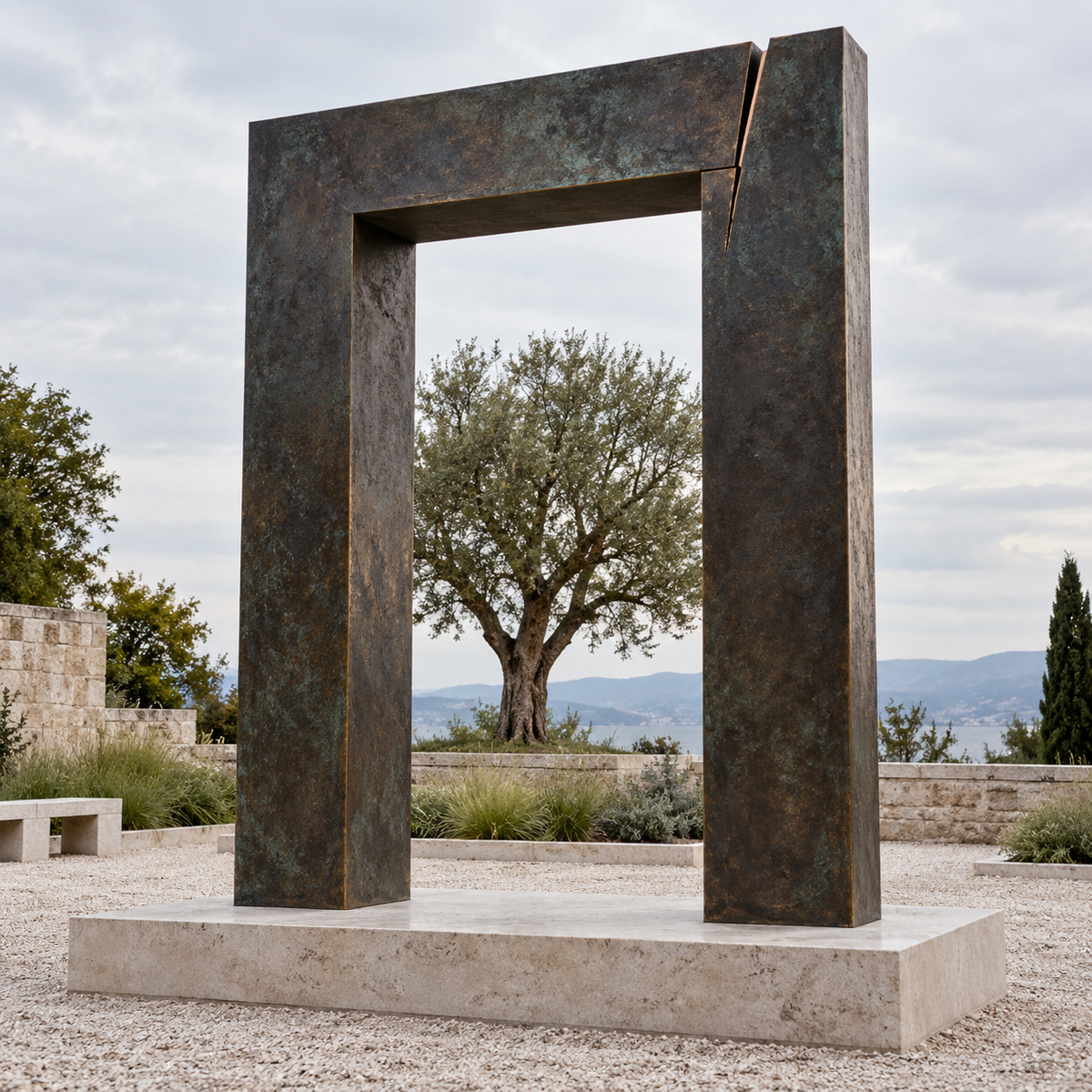 Silent Threshold dark patinated bronze memorial doorway sculpture displayed in a quiet landscaped courtyard