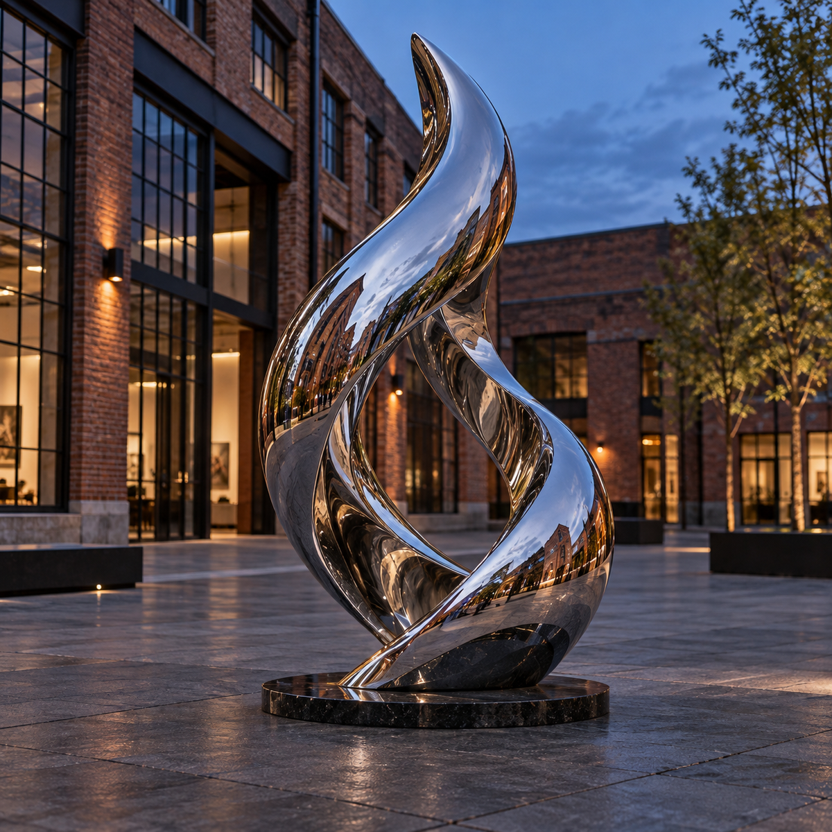 Silver Flame Mirror Stainless Steel Abstract Flame Sculpture displayed in a brick courtyard at dusk.