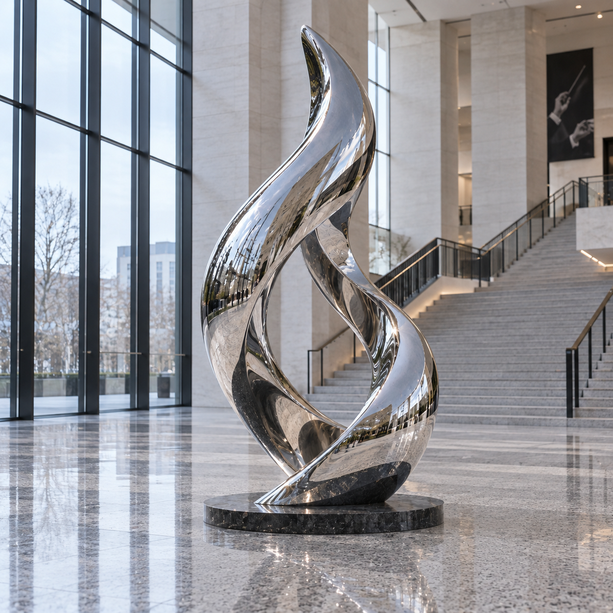 Silver Flame Mirror Stainless Steel Abstract Flame Sculpture displayed in a bright atrium beside a staircase.