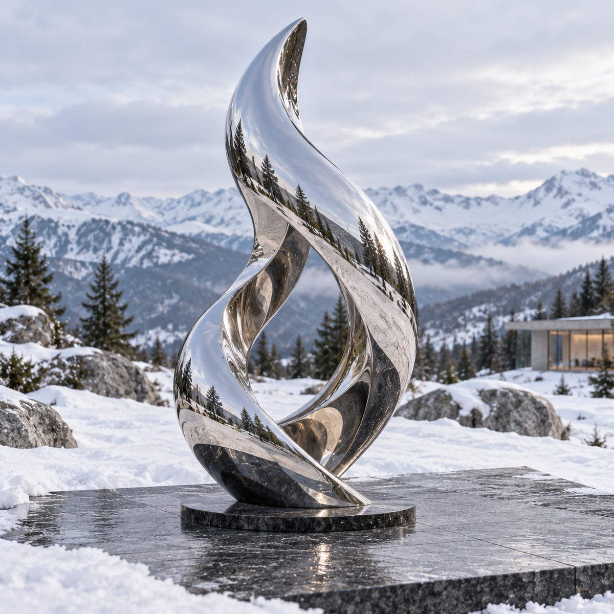 Silver Flame Mirror Stainless Steel Abstract Flame Sculpture displayed in a snowy mountain terrace.