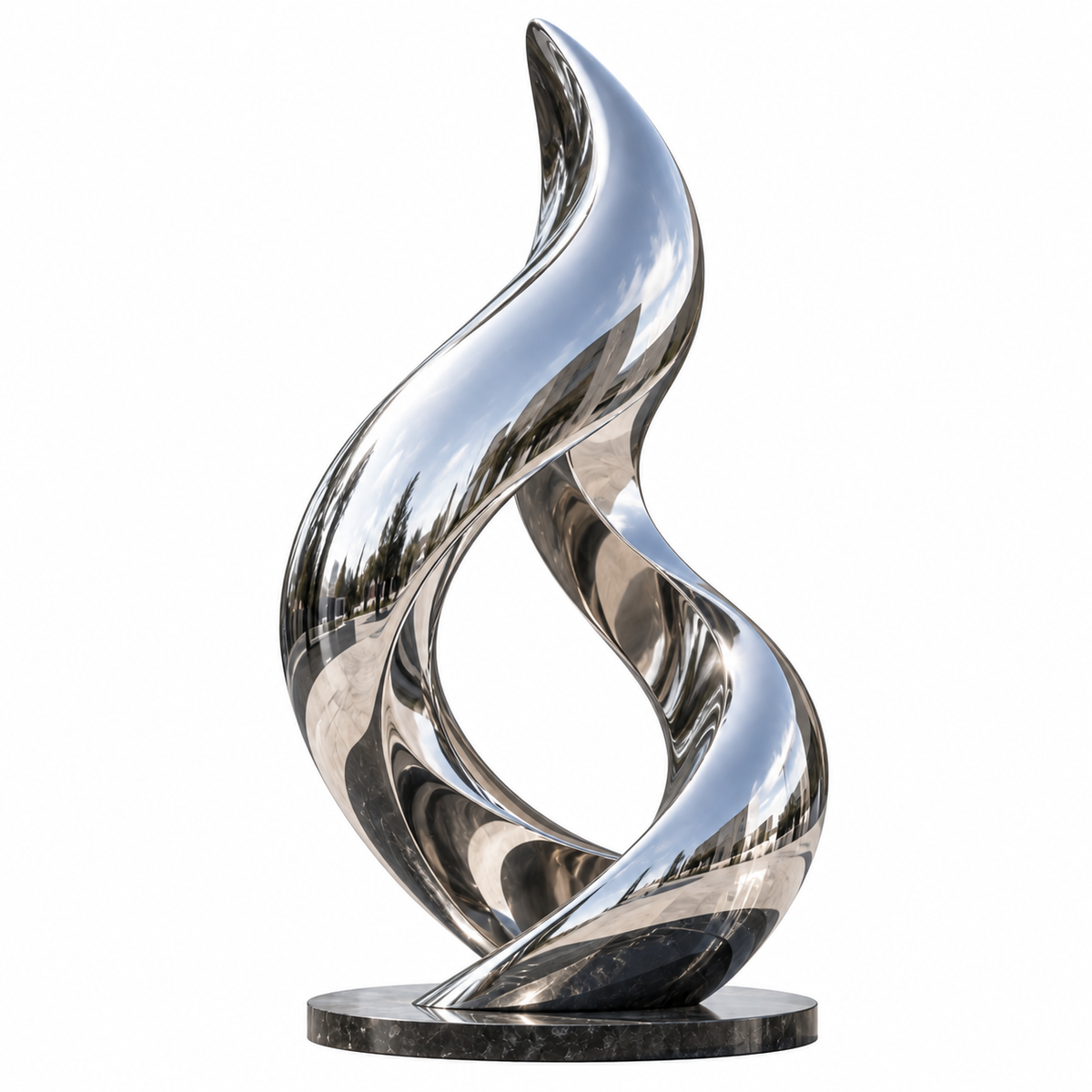 Silver Flame mirror stainless steel abstract flame sculpture with flowing curved surfaces and an open central form on a white background.