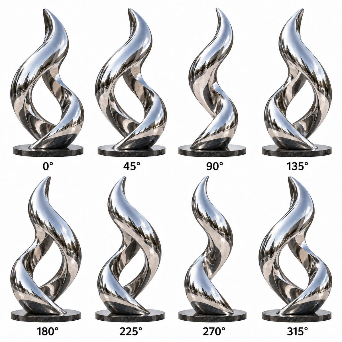 Silver Flame mirror stainless steel abstract sculpture shown from eight angles in a 360-degree product view.
