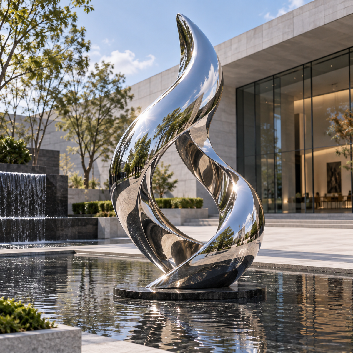 Silver Flame mirror stainless steel abstract sculpture displayed in a modern commercial plaza with a reflecting pool and contemporary architecture.