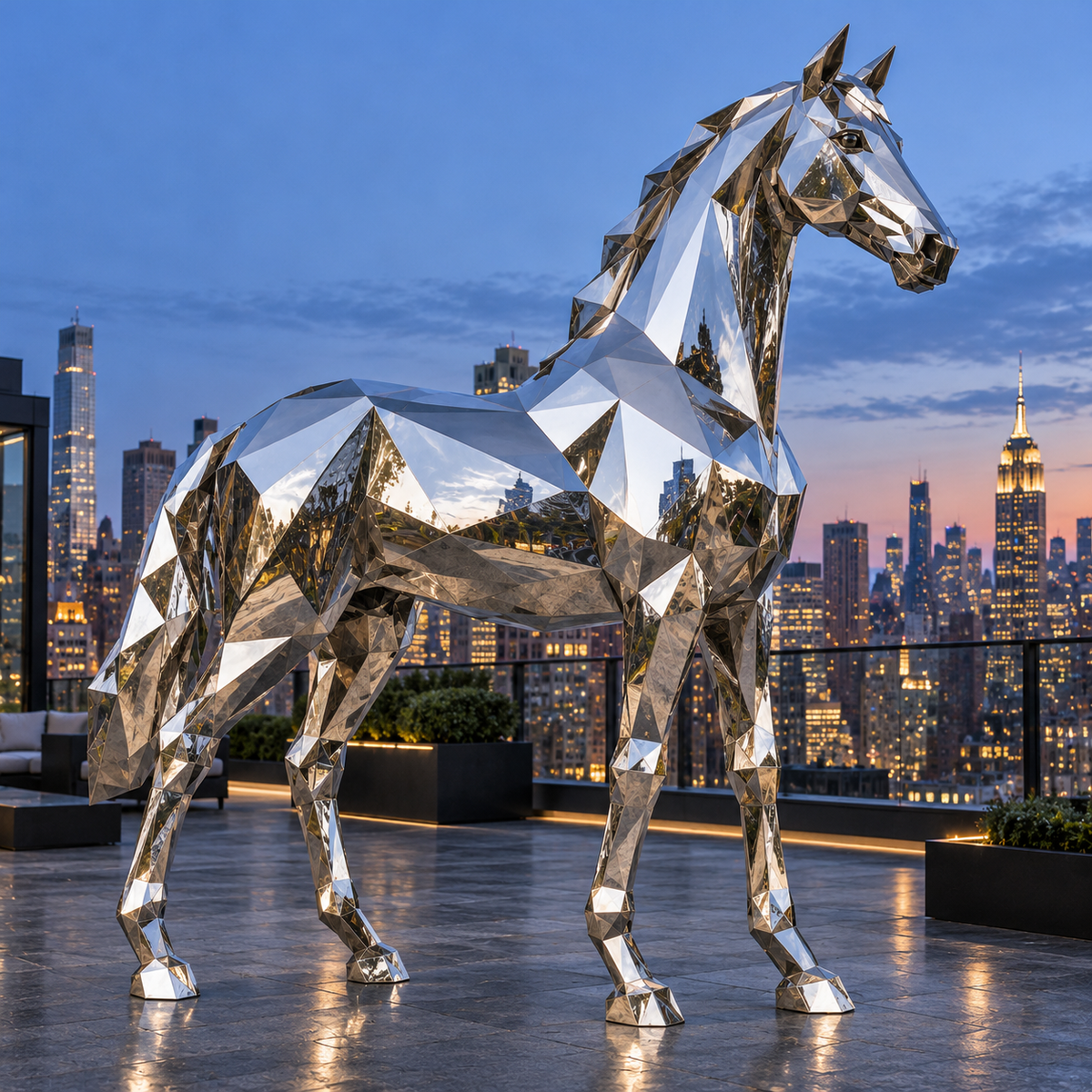 Silver Vanguard Mirror Stainless Steel Geometric Horse Sculpture — city-view rooftop at dusk.