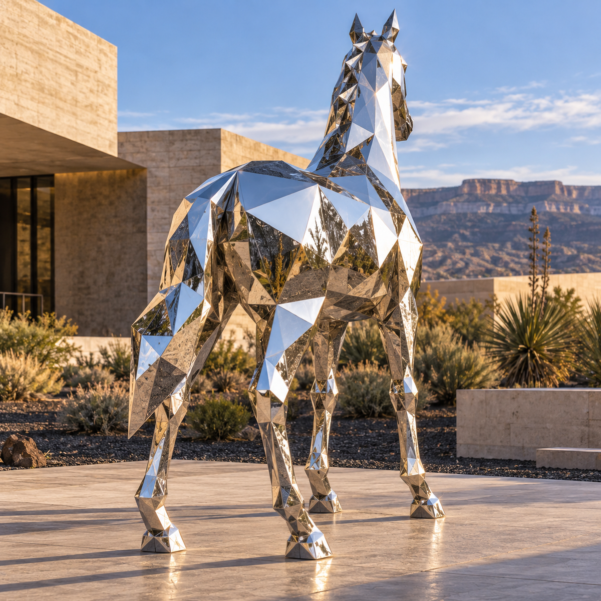 Silver Vanguard Mirror Stainless Steel Geometric Horse Sculpture — desert courtyard viewed from behind.