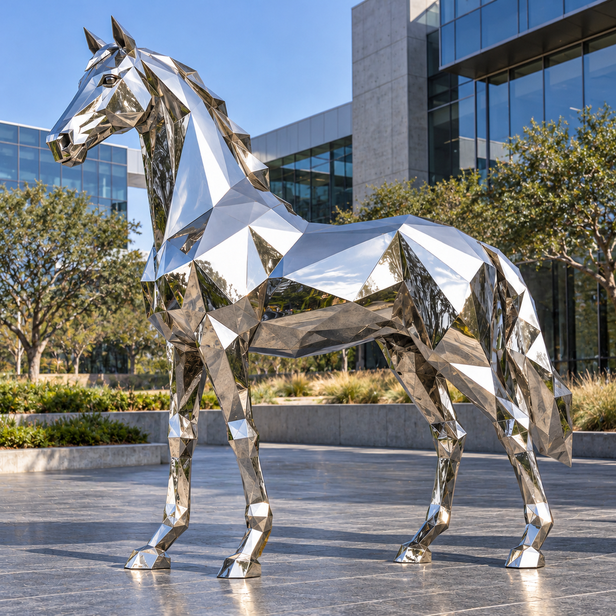 Silver Vanguard Mirror Stainless Steel Geometric Horse Sculpture — landscaped modern courtyard.