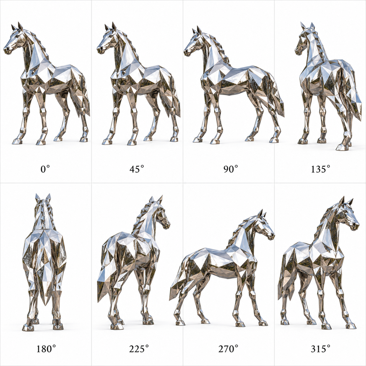 360-degree views of Silver Vanguard mirror stainless steel geometric horse sculpture