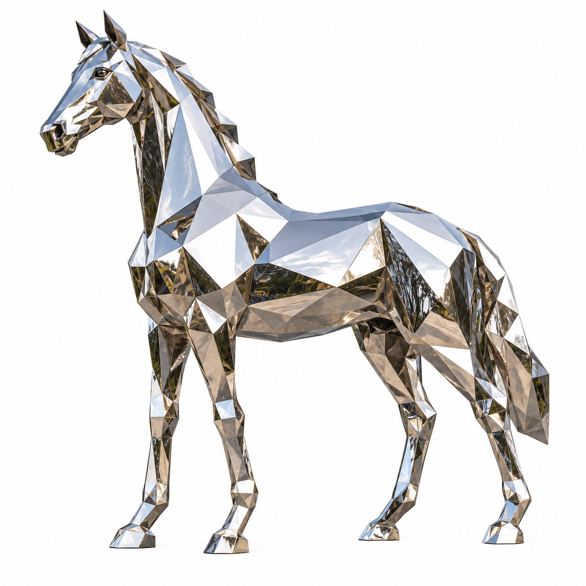 Mirror polished stainless steel geometric horse sculpture with faceted surfaces on a white background