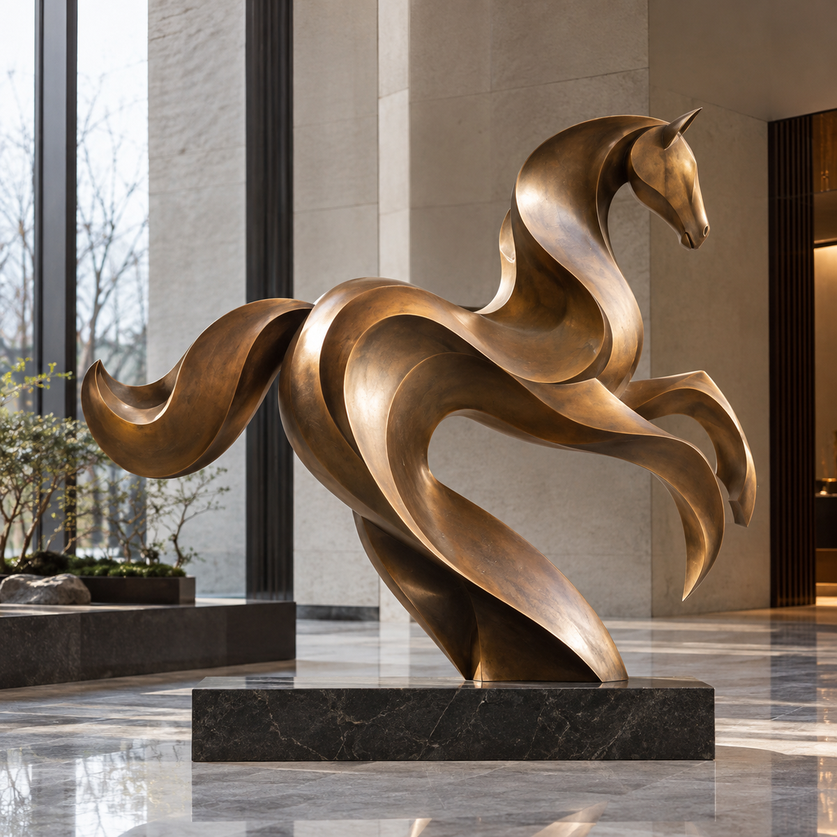 Sovereign Flow bronze abstract horse sculpture displayed in a luxury interior setting