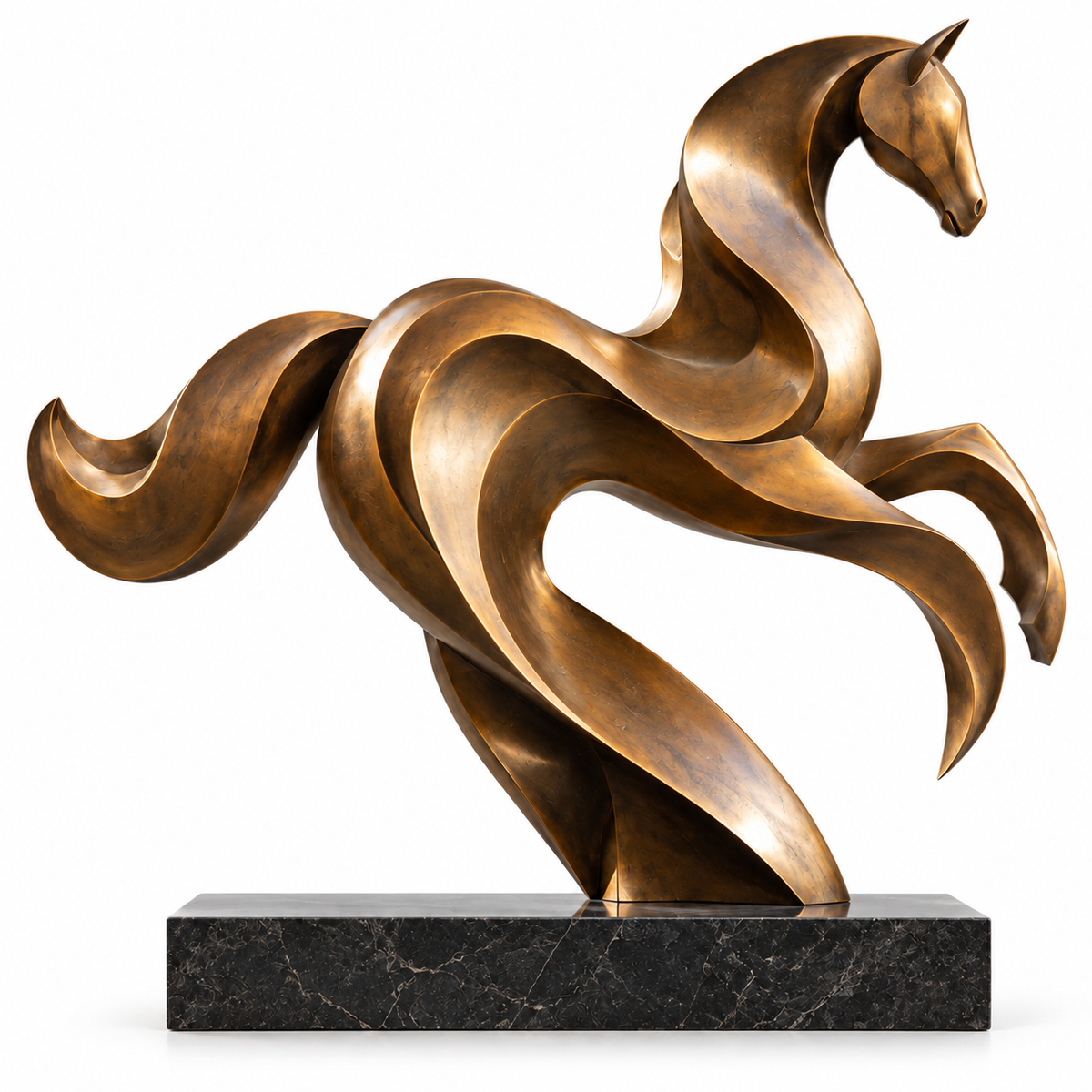 Bronze abstract horse sculpture with flowing ribbon-like form on a white background