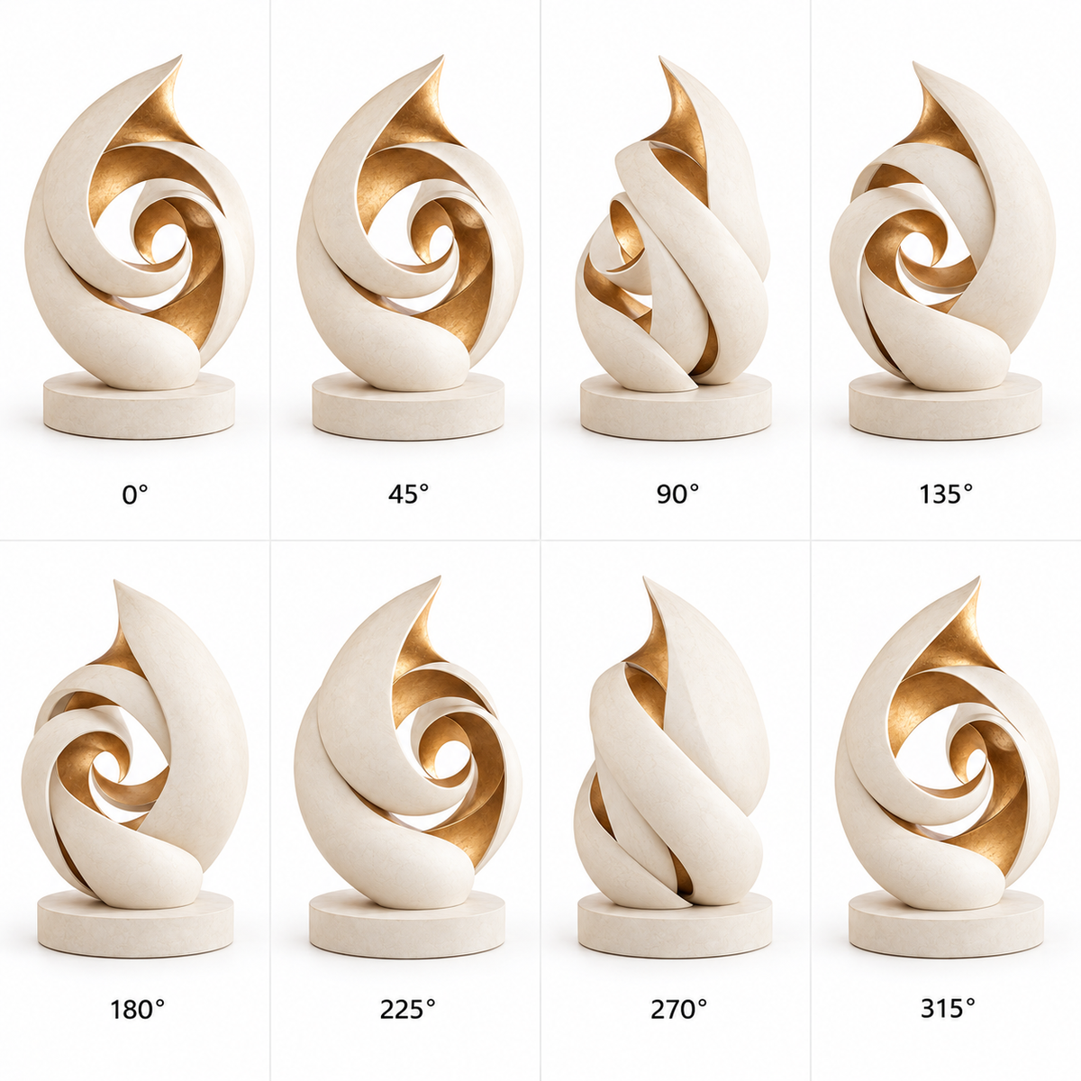 360-degree views of Spiral Reverie warm white and champagne gold fiberglass abstract spiral sculpture