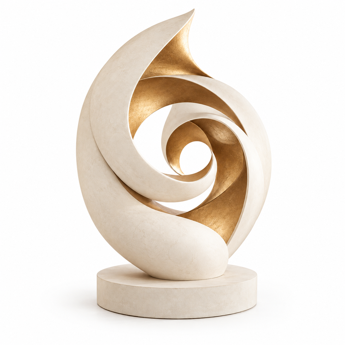 Warm white and champagne gold fiberglass abstract spiral sculpture with layered curved forms on a white background