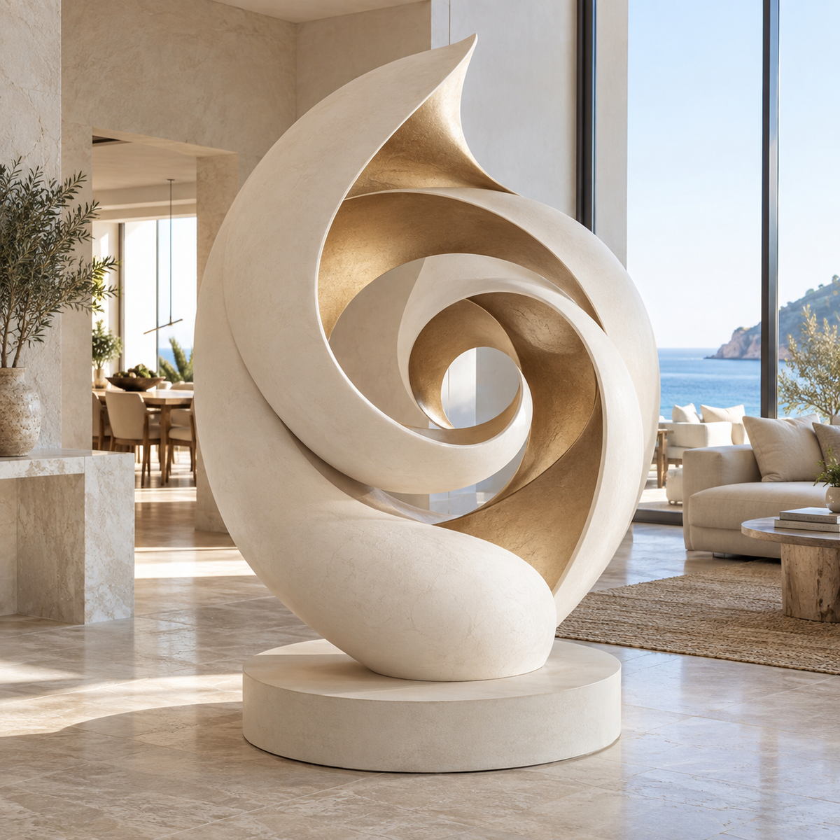 Spiral Reverie warm white and champagne gold fiberglass abstract spiral sculpture displayed in a luxury coastal interior