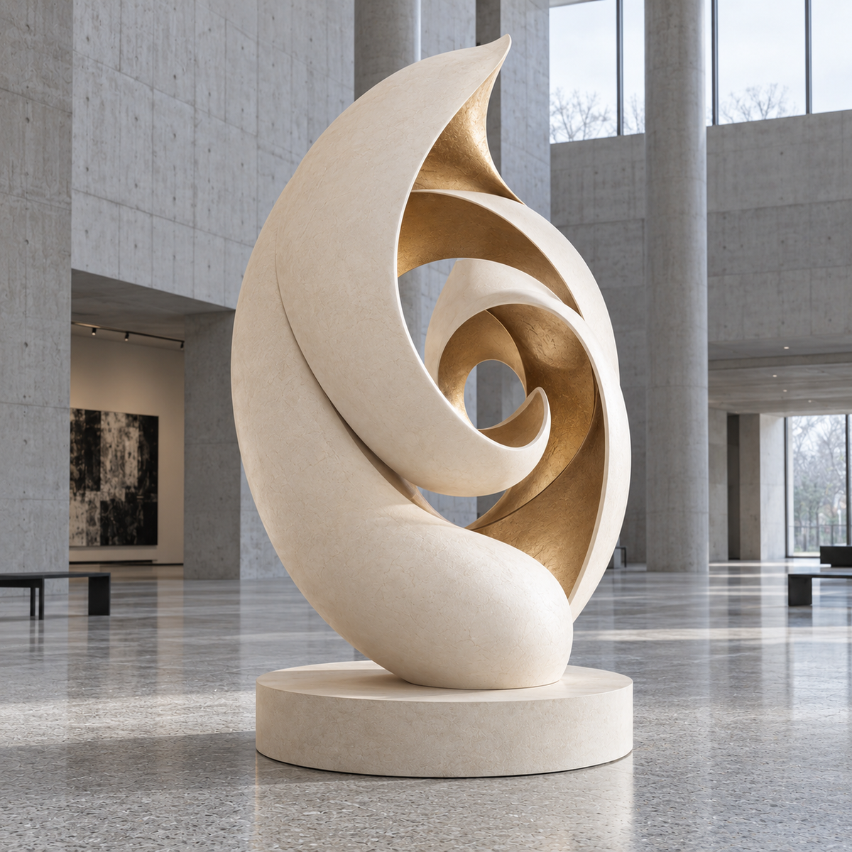 Spiral Reverie Warm White & Champagne Gold Fiberglass Abstract Spiral Sculpture displayed in a spacious concrete gallery interior.