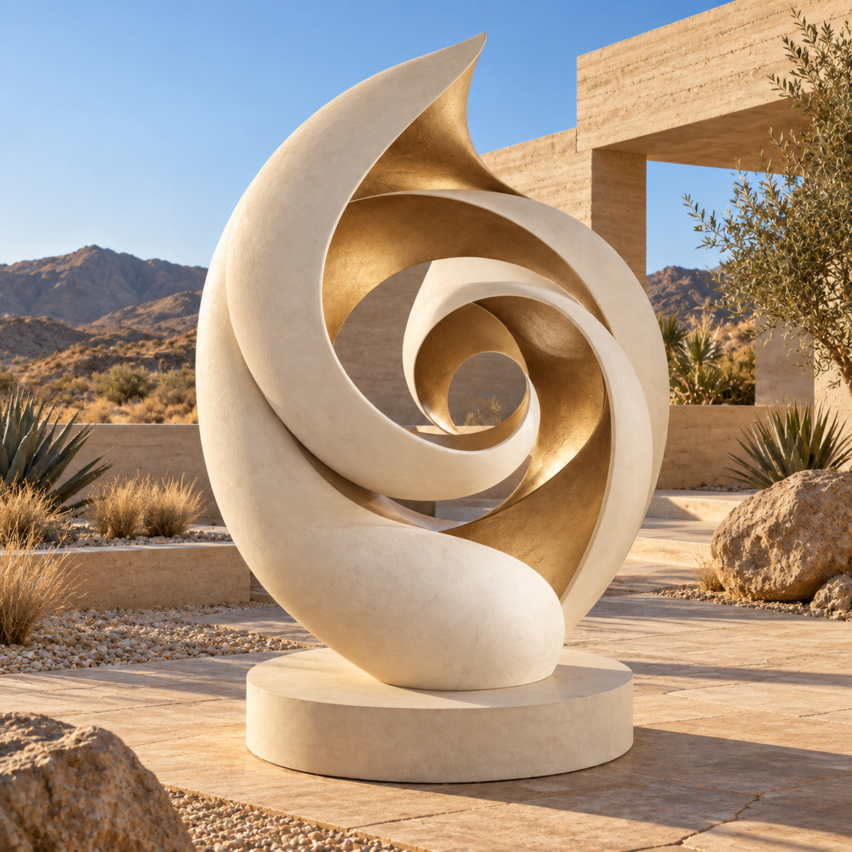 Spiral Reverie Warm White & Champagne Gold Fiberglass Abstract Spiral Sculpture displayed in a desert courtyard.