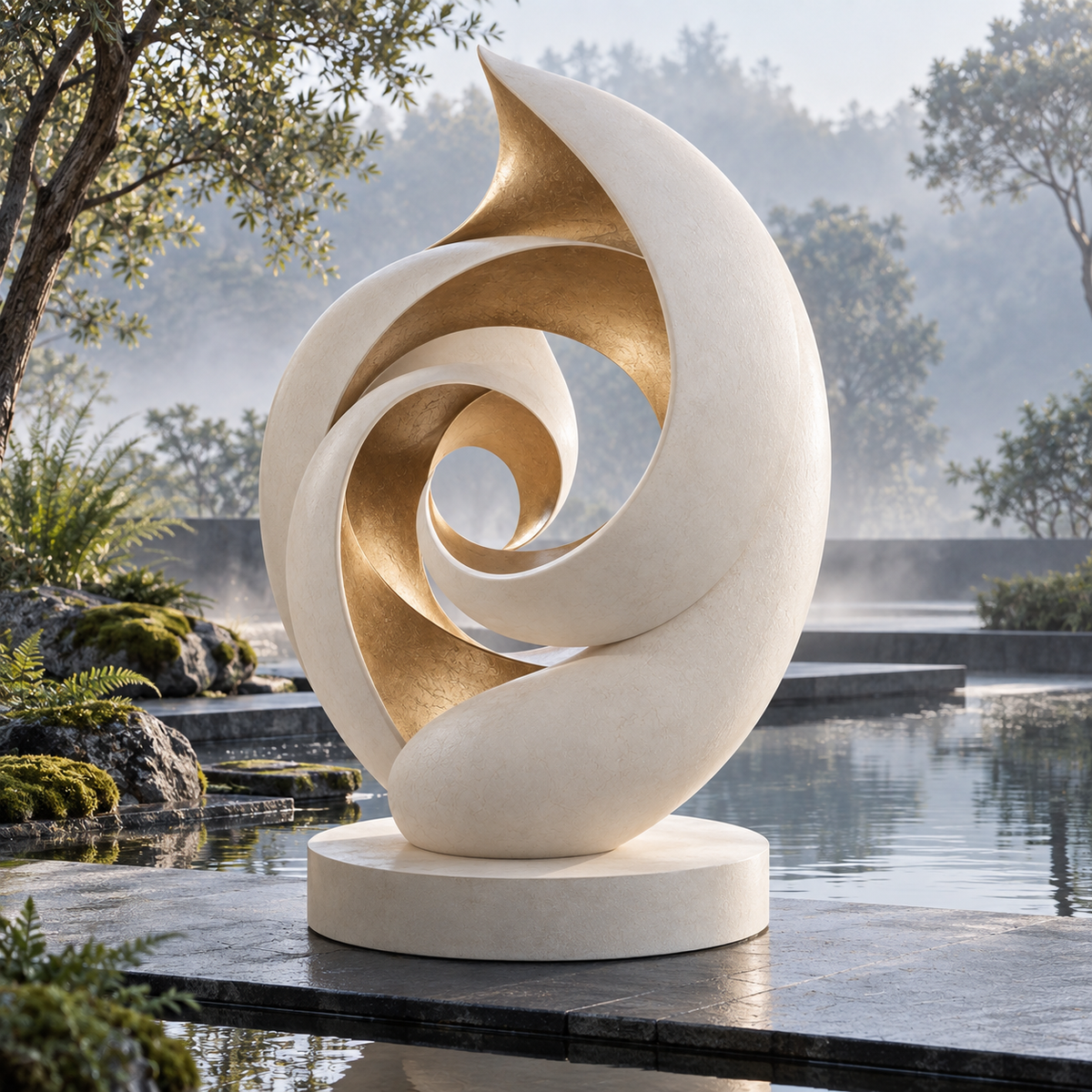 Spiral Reverie Warm White & Champagne Gold Fiberglass Abstract Spiral Sculpture displayed beside a reflecting pool in a landscaped garden.