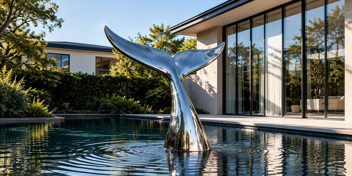 Mirror-polished whale tail sculpture rising above a reflecting pool.