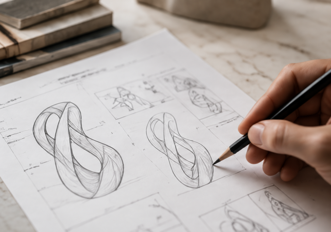 Hand sketching an abstract loop sculpture on paper.