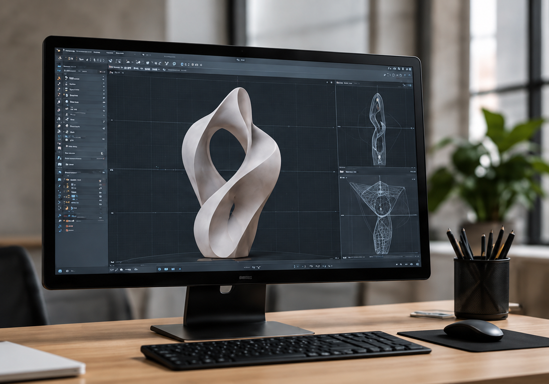 Computer screen showing a white abstract sculpture model.