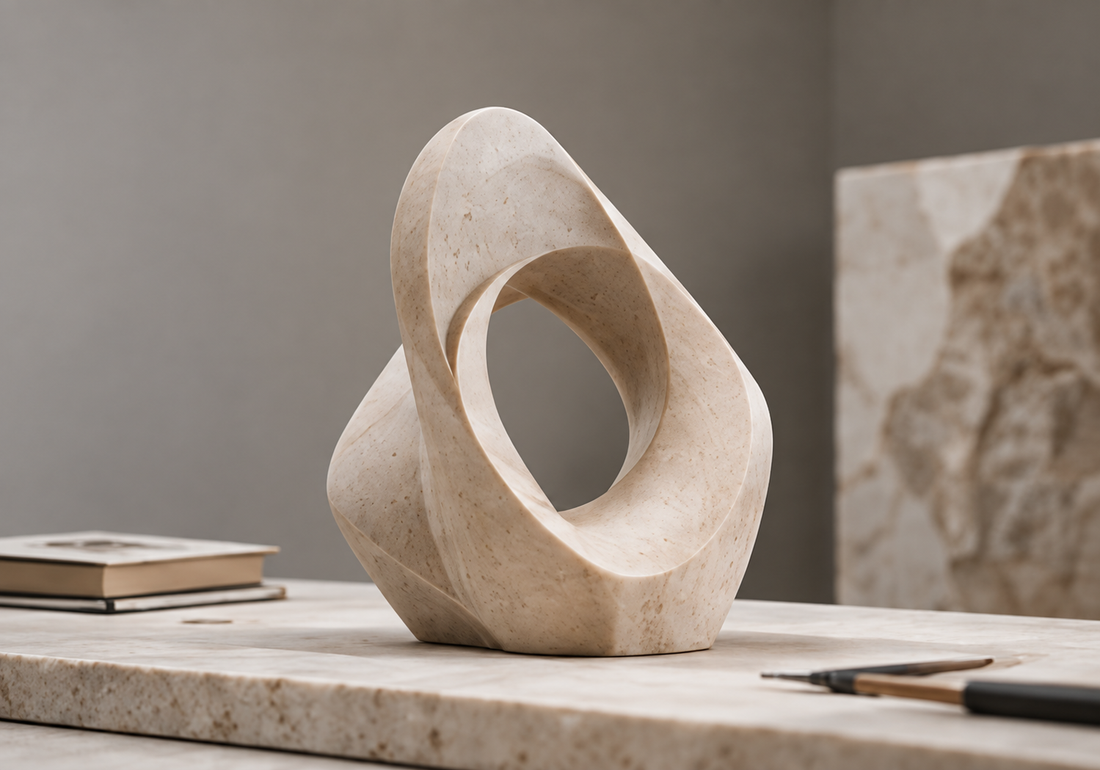 Small white abstract loop sculpture displayed on a stone block.