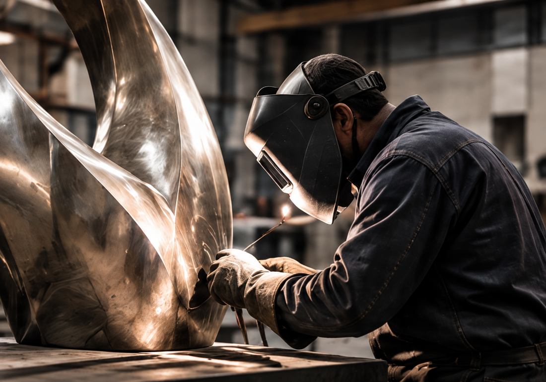Craftsperson working on a metal sculpture surface in a workshop.