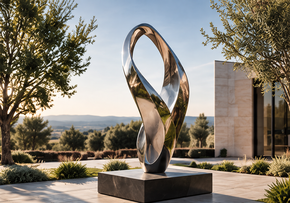 Mirror-polished abstract sculpture on a pedestal in a landscaped garden.