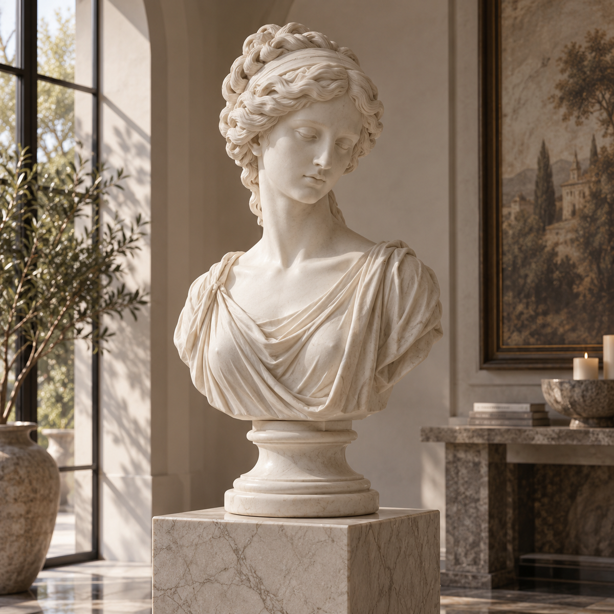 Timeless Elegance white marble classical female bust sculpture displayed in a luxurious indoor home settingv