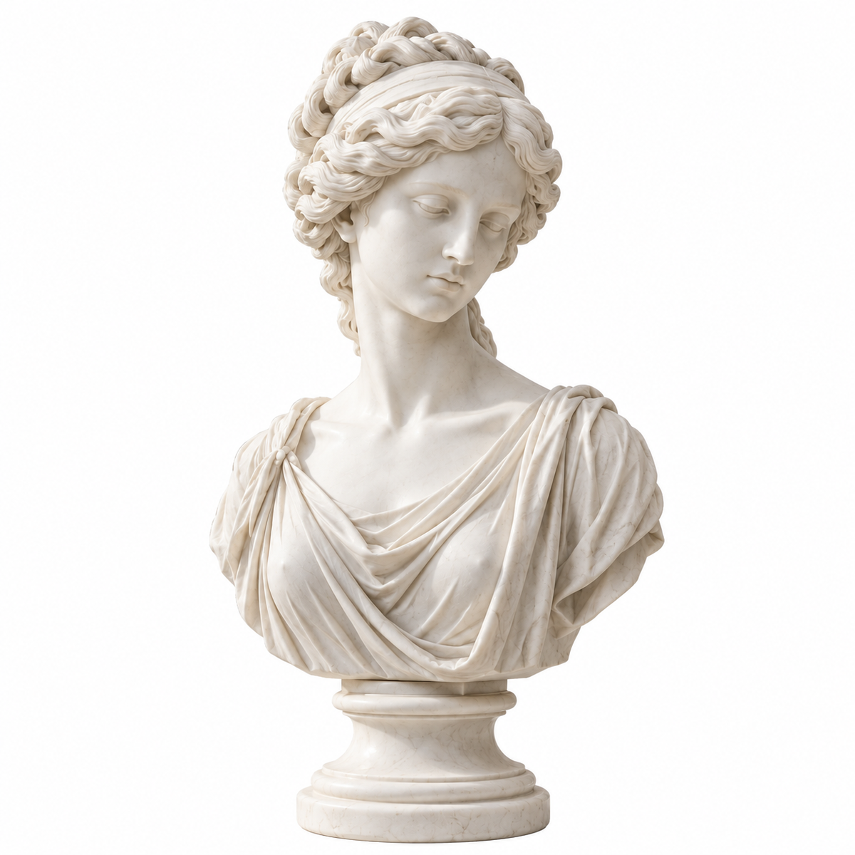 Timeless Elegance white marble classical female bust sculpture on a white background featuring a refined classical design