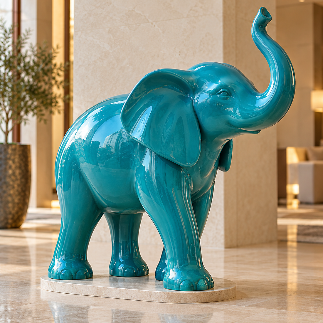 Glossy turquoise fiberglass elephant sculpture with a raised trunk.