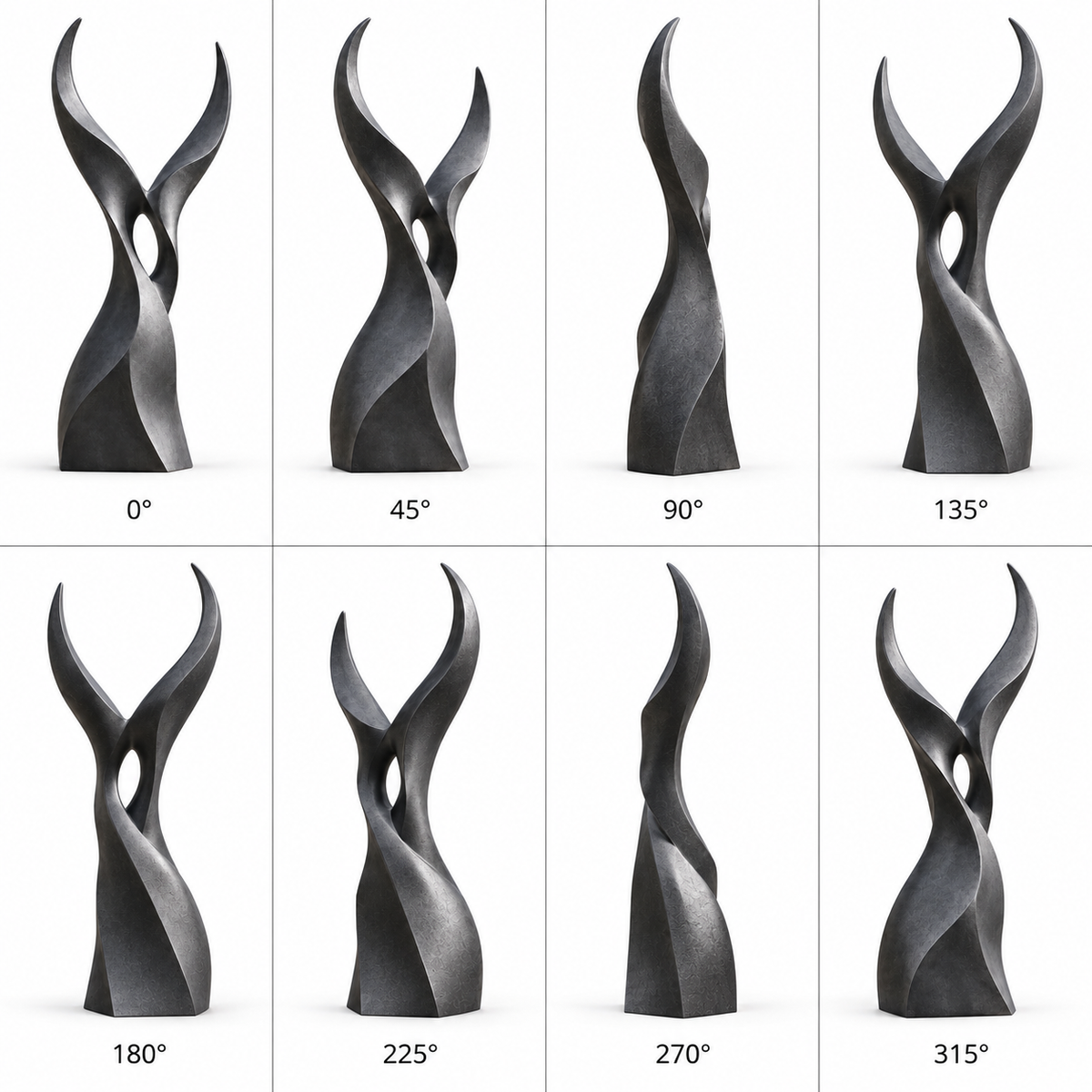 Twin Ascent dark bronze abstract rising sculpture shown from eight angles in a complete 360-degree product view including front side and rear perspectives.