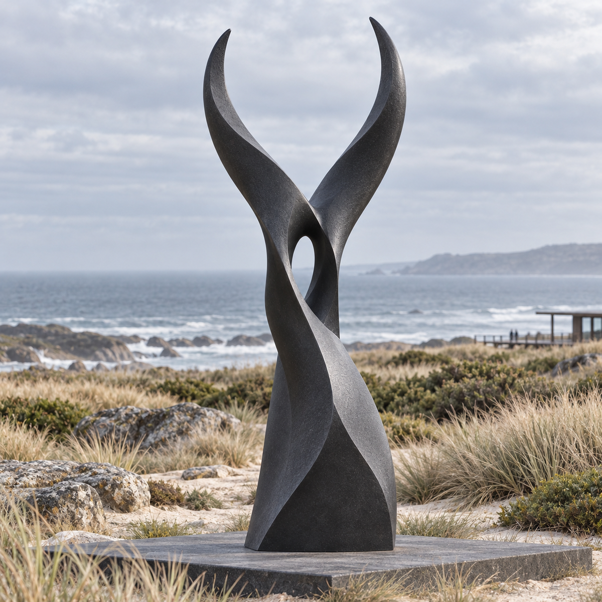 Twin Ascent Dark Bronze Abstract Rising Sculpture displayed in coastal grassland overlooking the ocean.