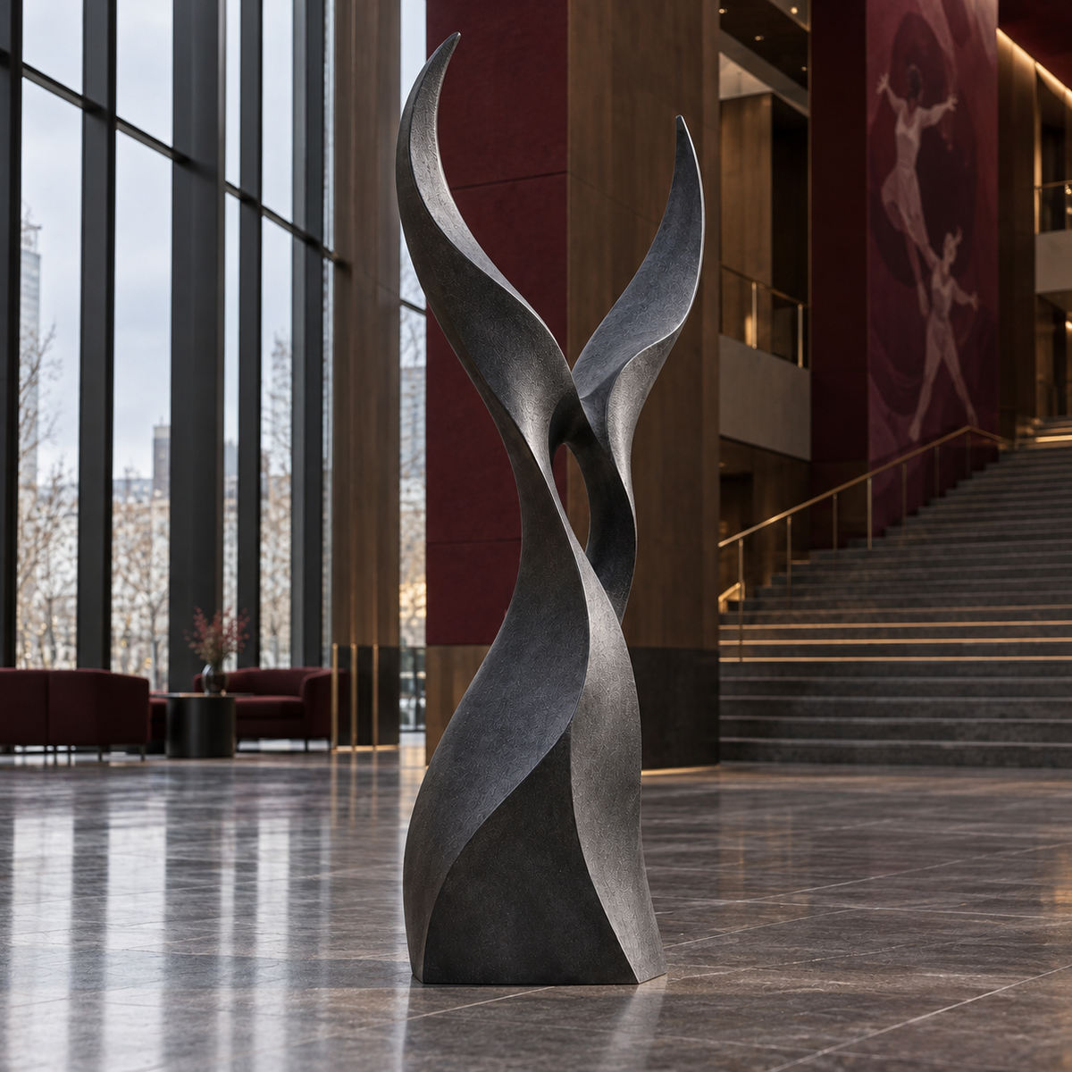 Twin Ascent Dark Bronze Abstract Rising Sculpture displayed in a grand lobby beside a staircase.