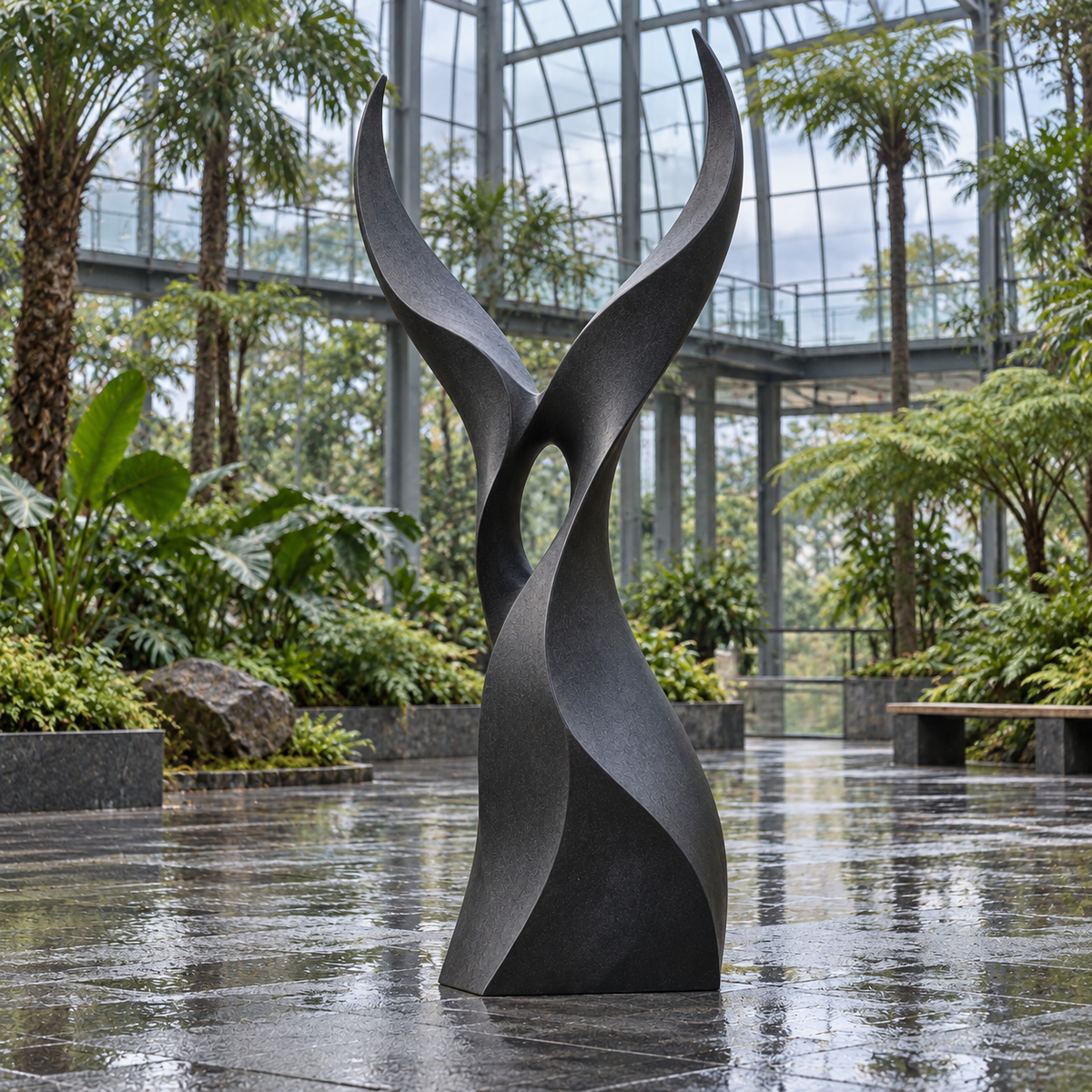 Twin Ascent Dark Bronze Abstract Rising Sculpture displayed in a glass conservatory with tropical plants.