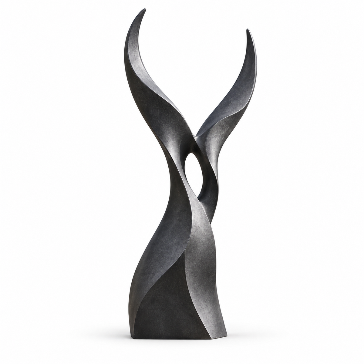 Twin Ascent dark bronze abstract sculpture with two upward sweeping forms and a central open negative space against a white background.