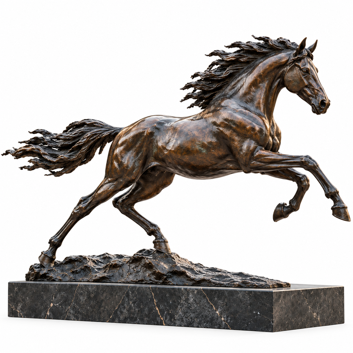 Dark bronze galloping horse sculpture with flowing mane and tail on a white background