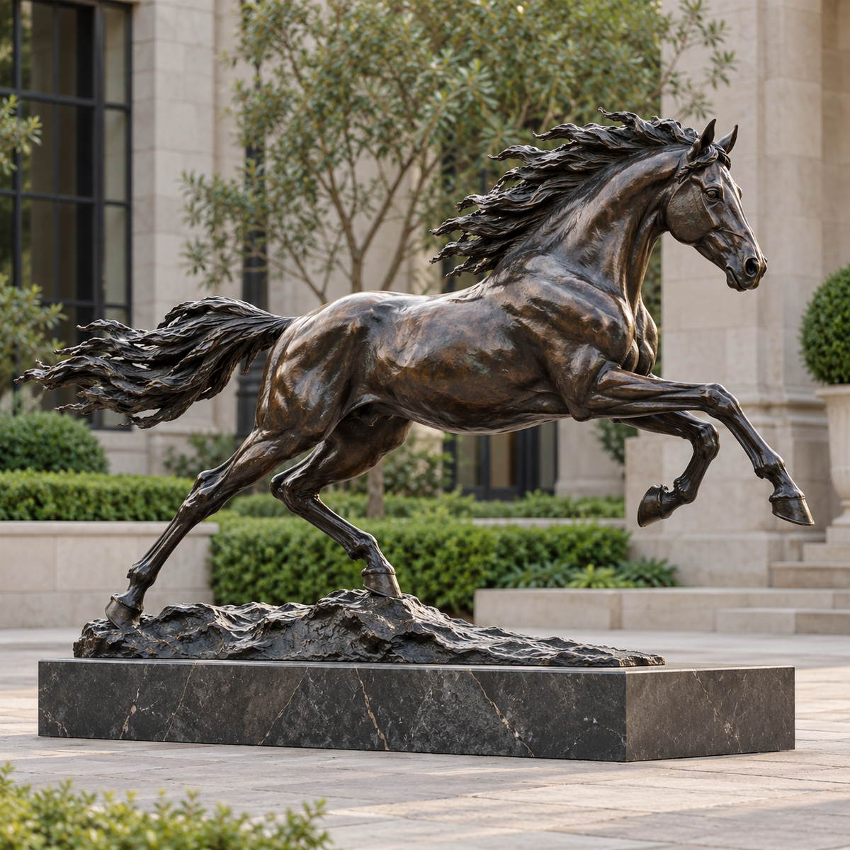 Untamed Momentum dark bronze galloping horse sculpture displayed in a landscaped outdoor courtyard