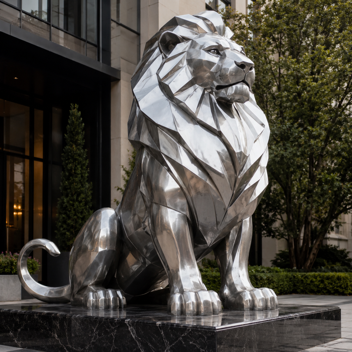 Urban Majesty large mirror stainless steel geometric sitting lion sculpture displayed in a luxury commercial landscape setting.