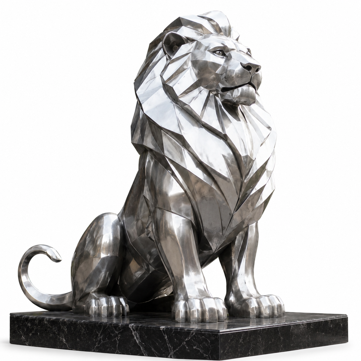 Urban Majesty large mirror stainless steel geometric sitting lion sculpture isolated on a white background.