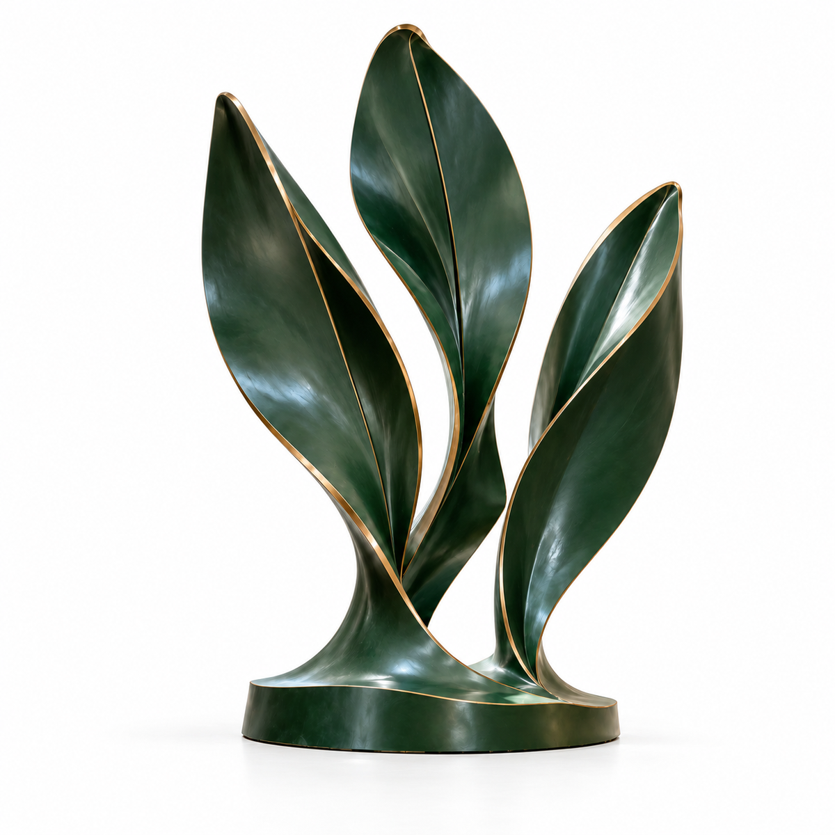 Forest green fiberglass abstract leaf sculpture with bronze edge details on a white background
