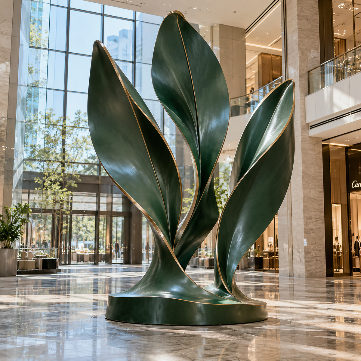 Verdant Ascent forest green and bronze fiberglass abstract leaf sculpture displayed in a luxury shopping mall atrium