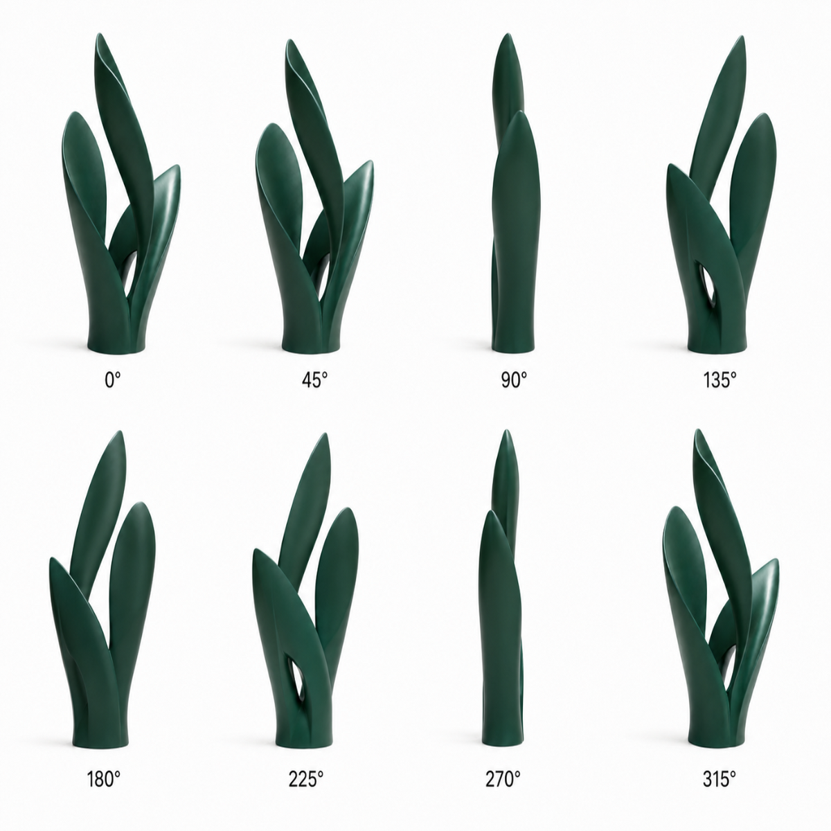360 degree views of Verdant Flow green fiberglass abstract sculpture shown from eight different angles