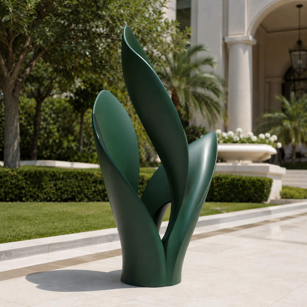 Verdant Flow green fiberglass abstract sculpture displayed in a modern outdoor garden setting