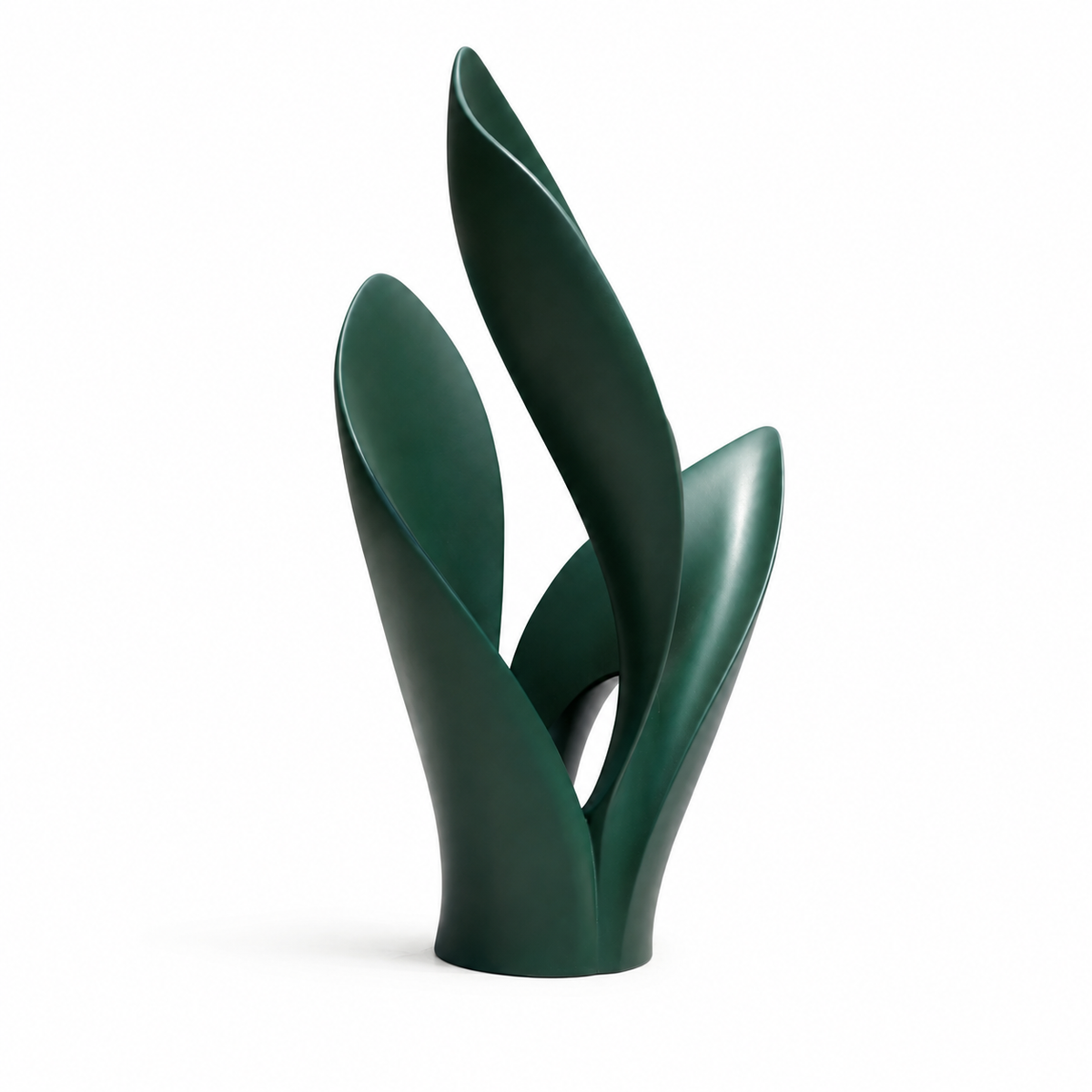 Verdant Flow green fiberglass abstract sculpture on a white background with a modern organic form