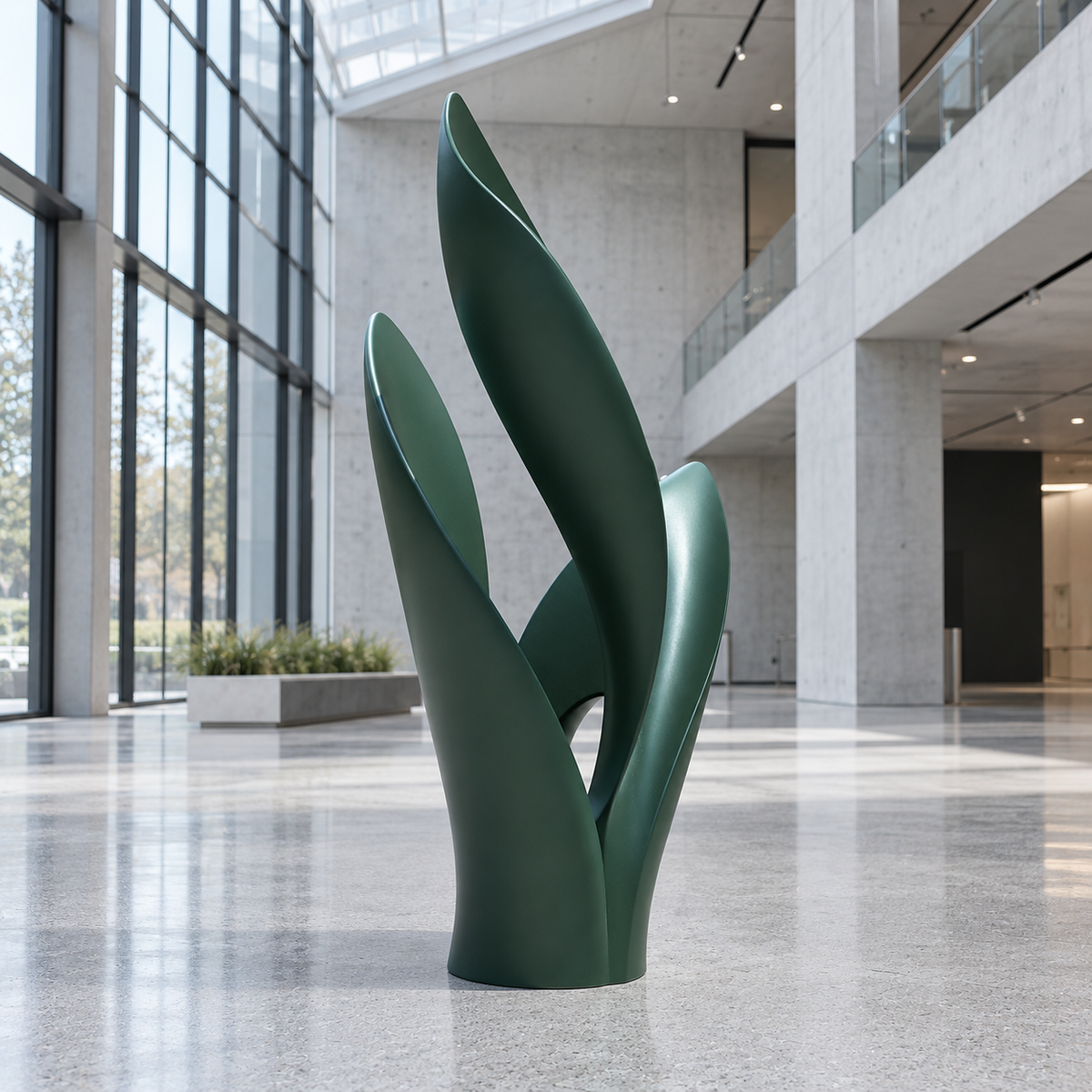 Verdant Flow green fiberglass abstract sculpture with upright curved forms in a bright atrium.