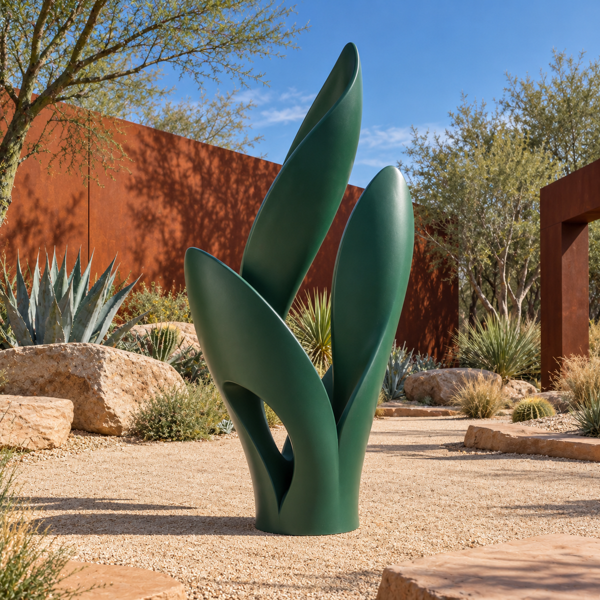 Verdant Flow green fiberglass abstract sculpture among rocks and plants in a landscaped courtyard.