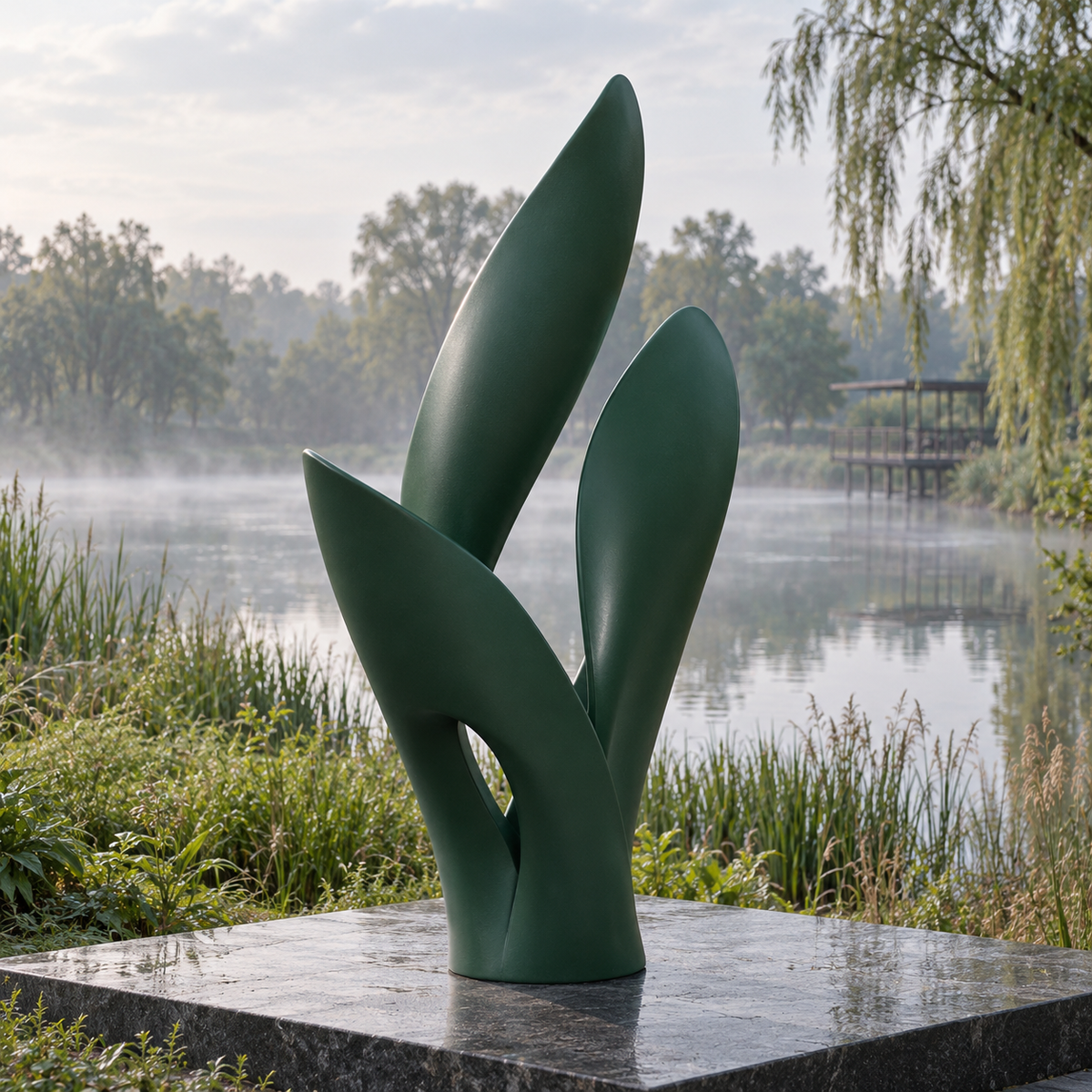 Verdant Flow green fiberglass abstract sculpture beside a lake with reeds and trees.