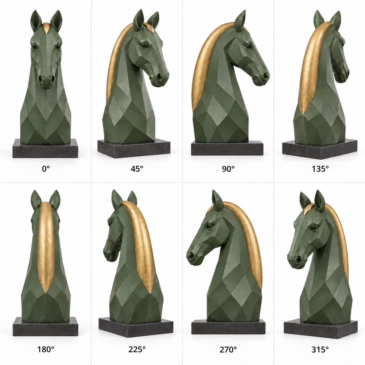 Eight labeled views of the Verdant Poise fiberglass horse bust, showing its faceted green neck, gold mane and dark base.