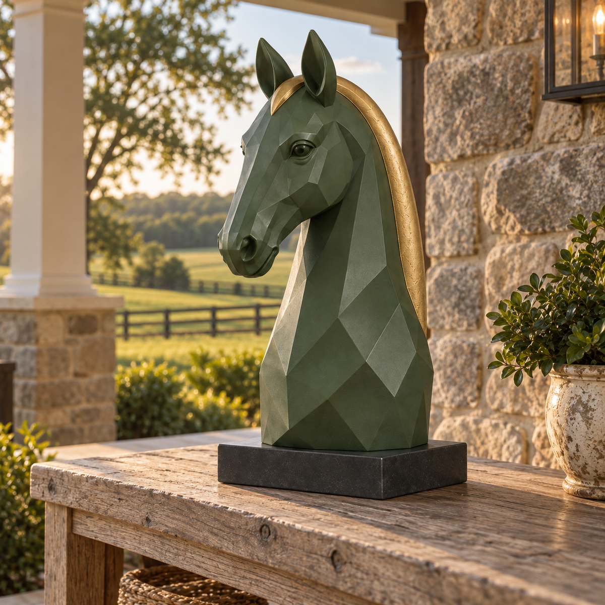 Opposite front three-quarter view of the green and gold horse bust on a wood console overlooking an equestrian estate.